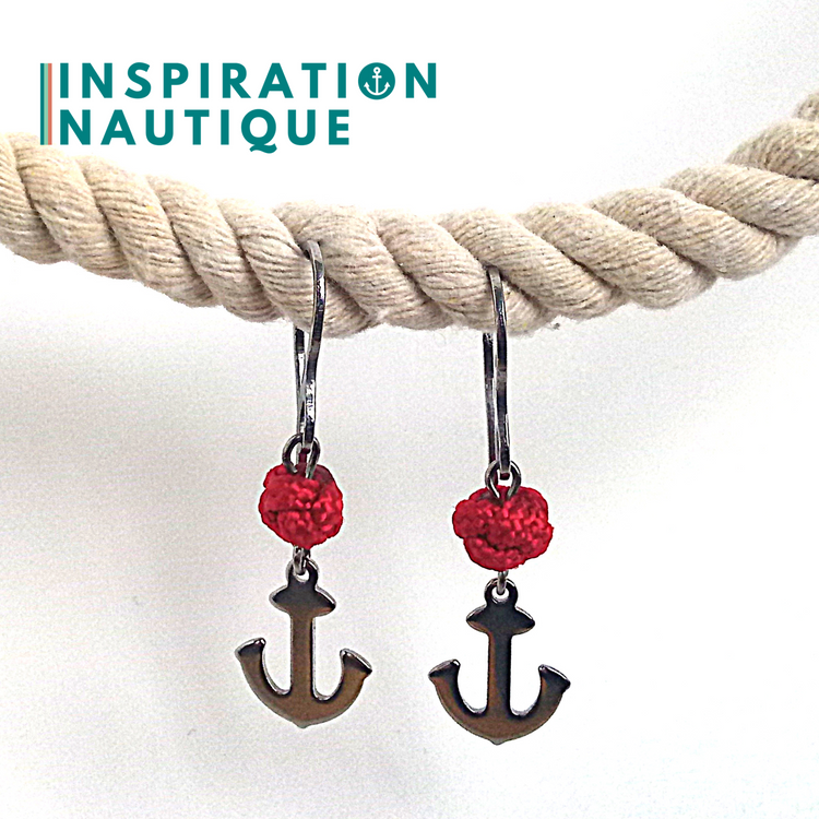 Boucles d'oreilles avec bille en corde et ancre en acier inoxydable