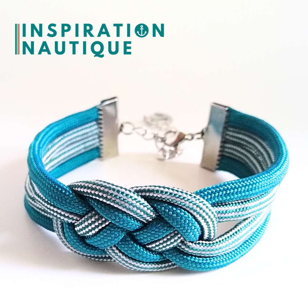 Bracelet marin avec noeud de carrick double unisexe, en paracorde 550 et acier inoxydable, Sarcelle, et sarcelle et blanc ligné, Medium