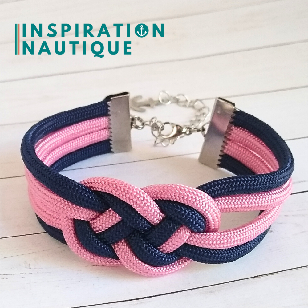 Bracelet marin avec noeud de carrick double unisexe, en paracorde 550 et acier inoxydable, Rose lavande et marine, Medium