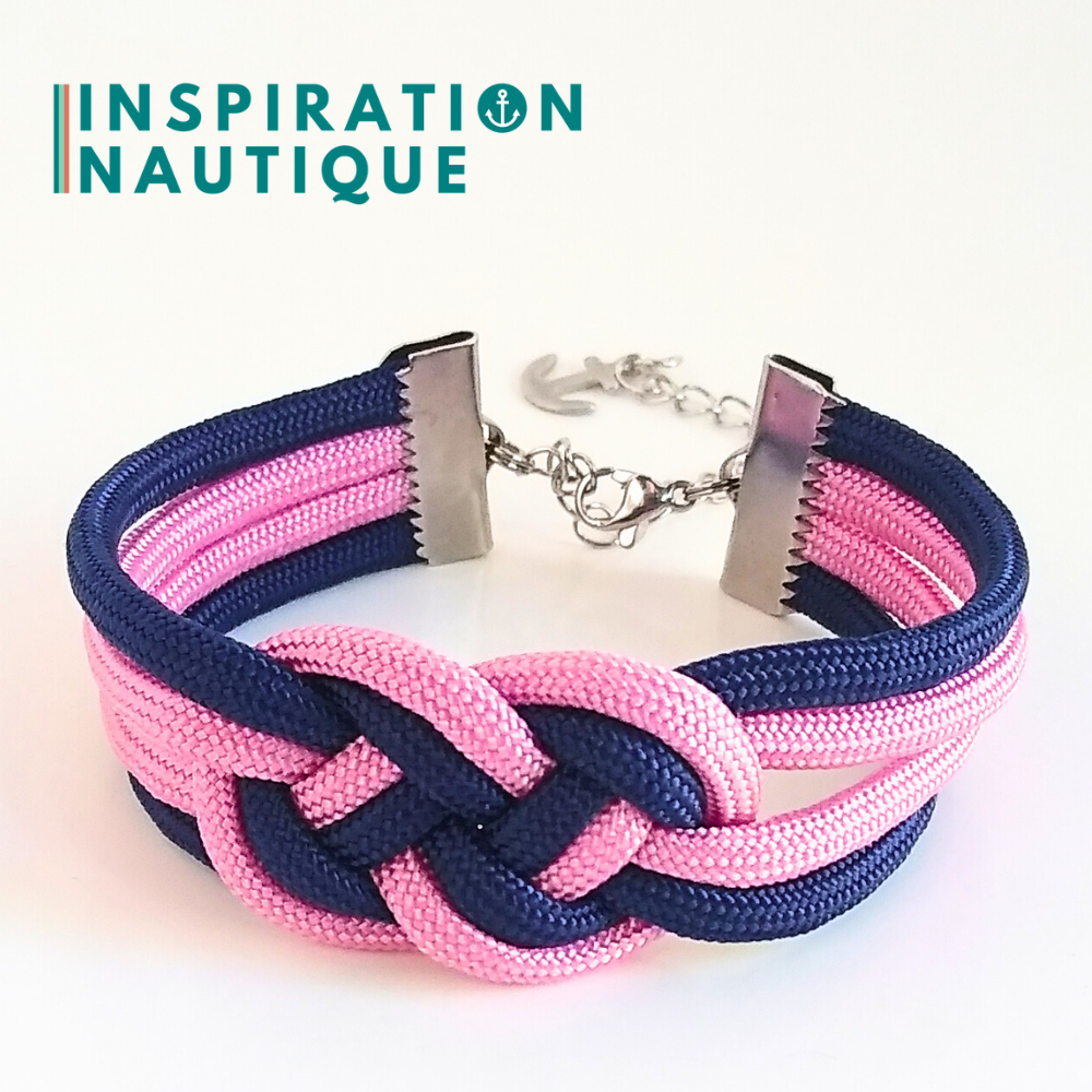 Bracelet marin avec noeud de carrick double unisexe, en paracorde 550 et acier inoxydable, Rose lavande et marine, Medium