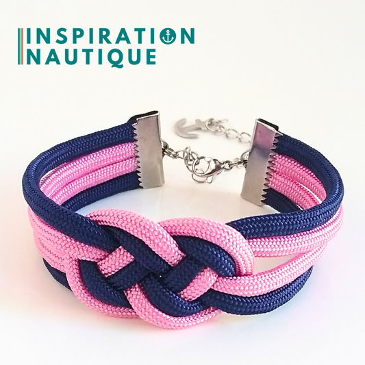 Bracelet marin avec noeud de carrick double unisexe, en paracorde 550 et acier inoxydable, Rose lavande et marine, Medium