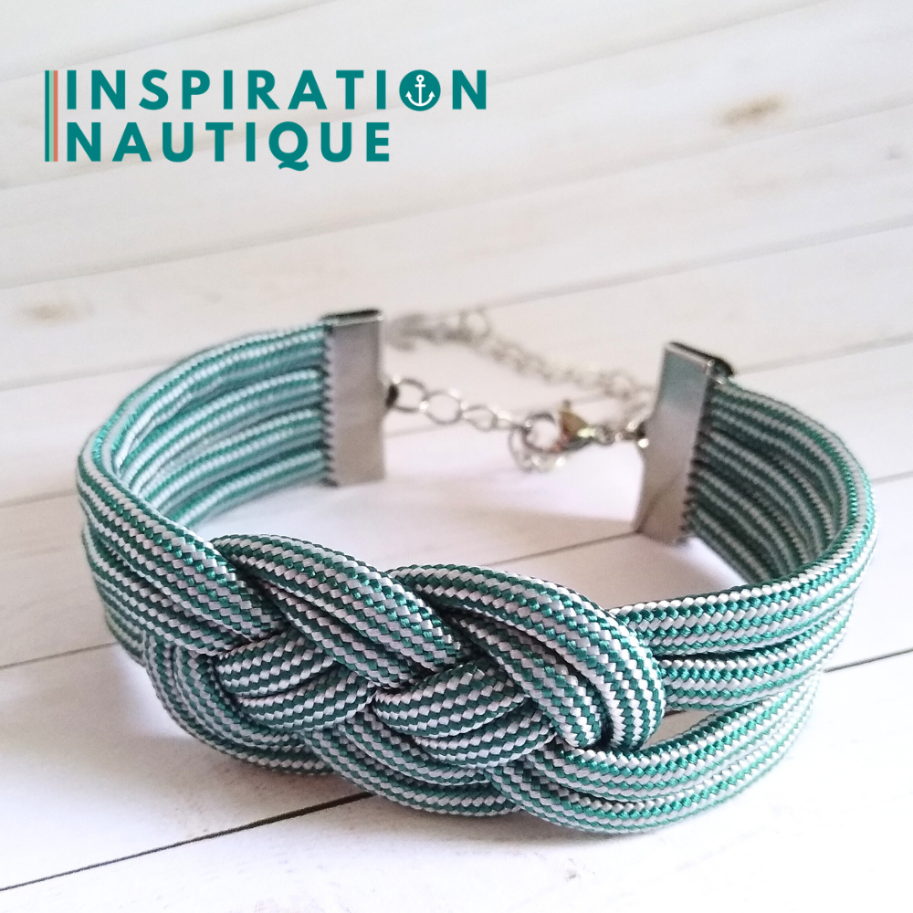 Bracelet marin avec noeud de carrick double unisexe, en paracorde 550 et acier inoxydable Sarcelle et blanc, ligné
