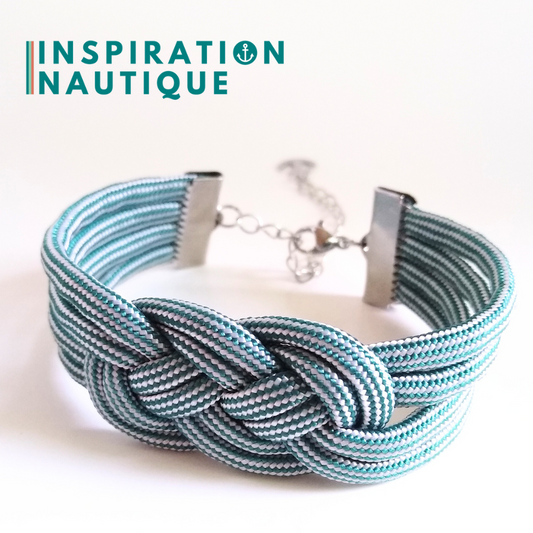 Bracelet marin avec noeud de carrick double unisexe, en paracorde 550 et acier inoxydable, Sarcelle et blanc, ligné, Medium
