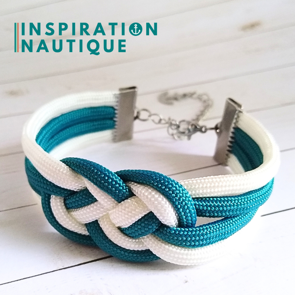 Bracelet marin avec noeud de carrick double unisexe, en paracorde 550 et acier inoxydable, Sarcelle doux et blanc, Medium