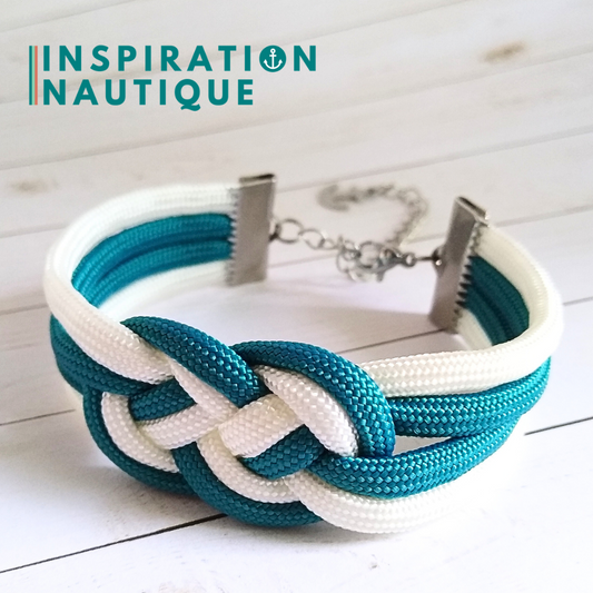 Bracelet marin avec noeud de carrick double unisexe, en paracorde 550 et acier inoxydable, Sarcelle doux et blanc