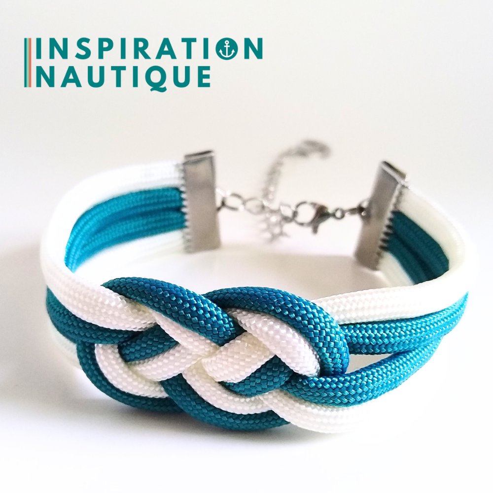 Bracelet marin avec noeud de carrick double unisexe, en paracorde 550 et acier inoxydable, Sarcelle doux et blanc, Medium
