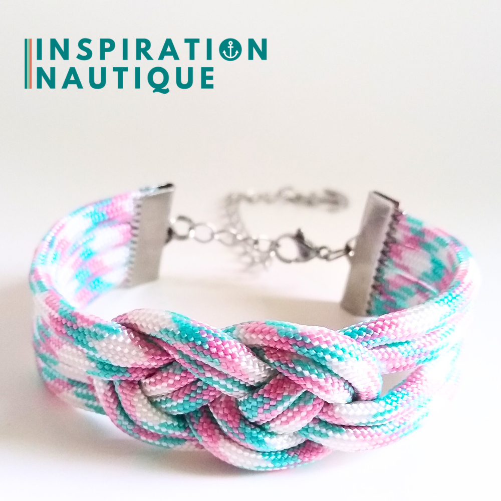 Bracelet marin avec noeud de carrick double unisexe, en paracorde 550 et acier inoxydable, Turquoise, rose et blanc, Small