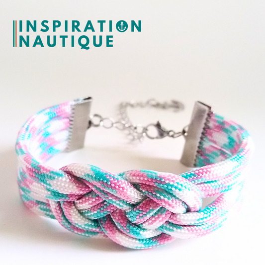 Bracelet marin avec noeud de carrick double, Turquoise, rose et blanc, Small