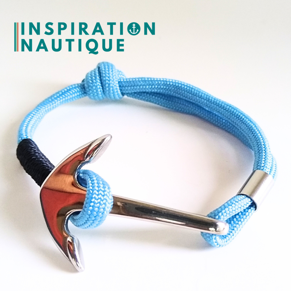 Bracelet marin avec ancre en paracorde 550 et acier inoxydable, ajustable, Bleu pâle