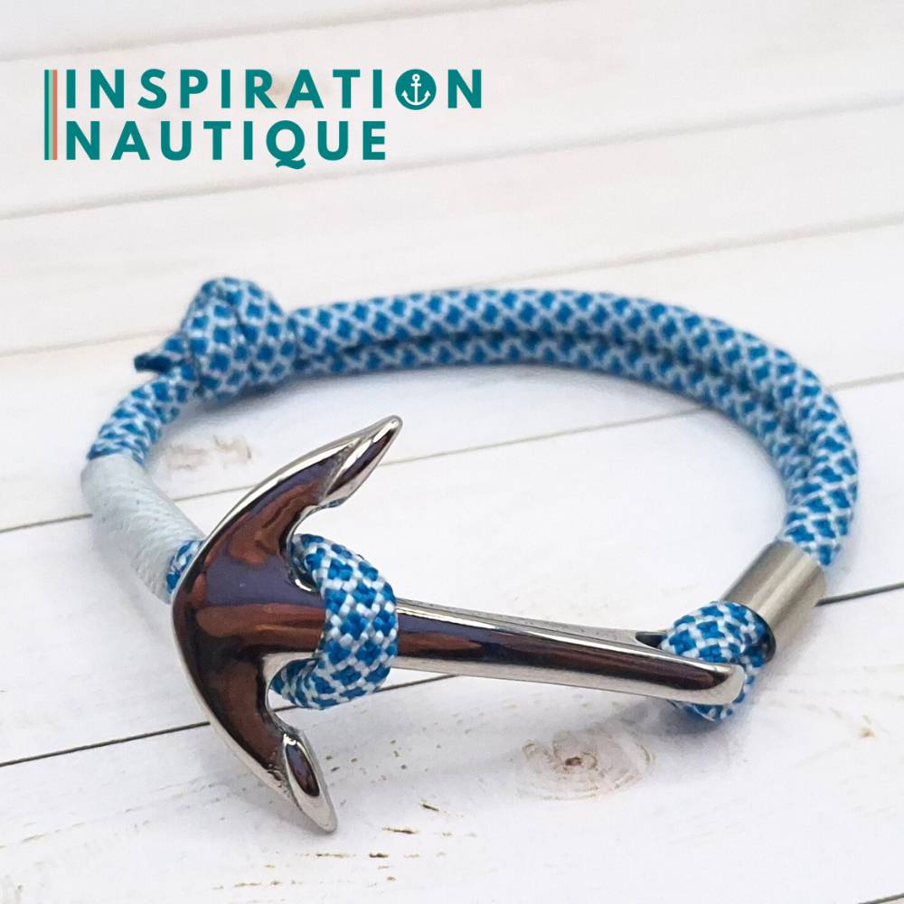 Bracelet marin avec ancre en paracorde 550 et acier inoxydable, ajustable, Bleu Caraïbes et blanc diamants
