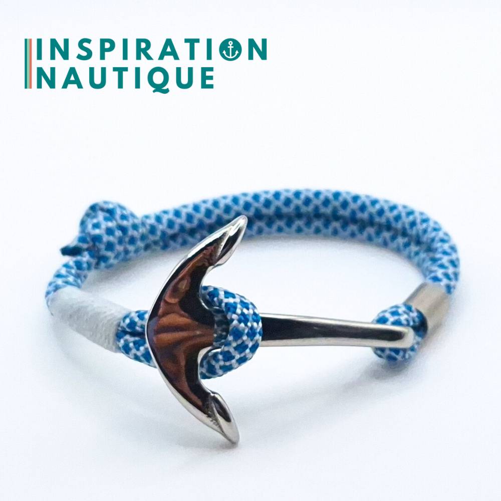 Bracelet marin avec ancre en paracorde 550 et acier inoxydable, ajustable, Bleu Caraïbes et blanc diamants