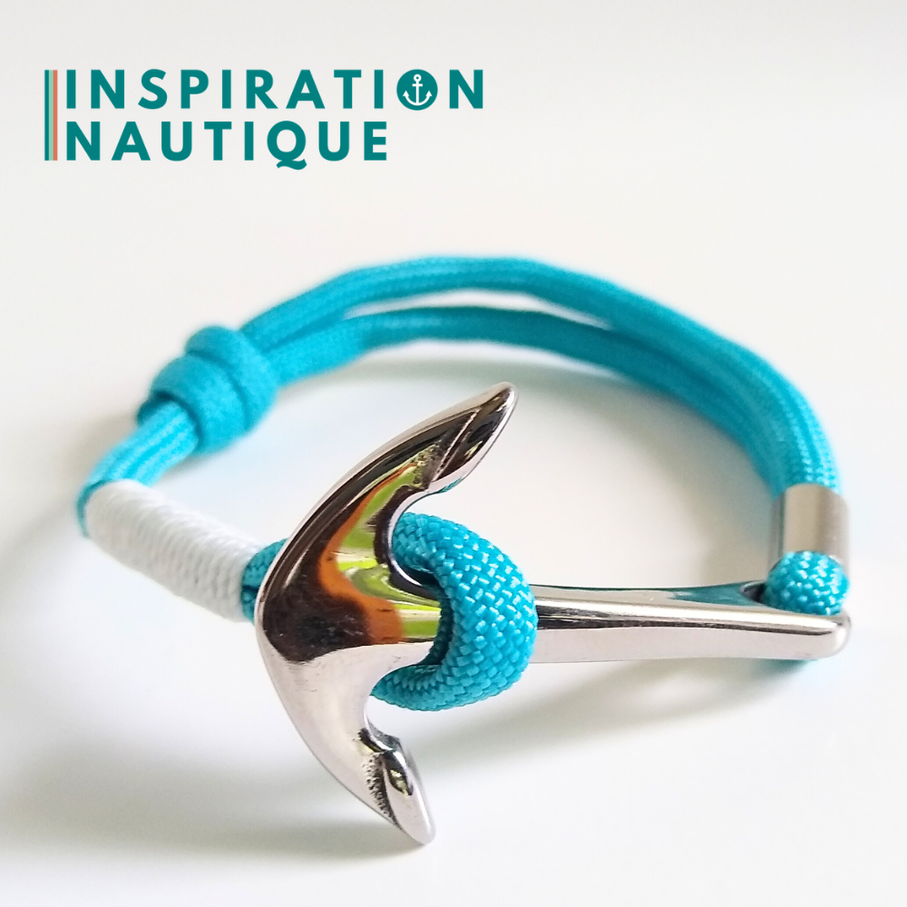 Bracelet marin avec ancre en paracorde 550 et acier inoxydable, ajustable, Turquoise, surliure blanche, Medium