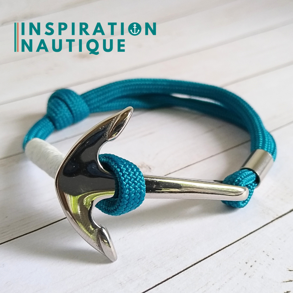 Bracelet marin avec ancre en paracorde 550 et acier inoxydable, ajustable, Bleu Caraïbes, surliure blanche, Medium