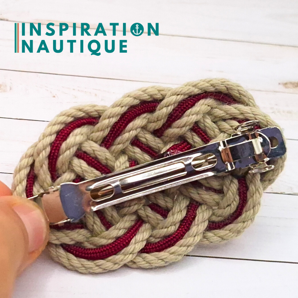 Barrette au style marin composée d'une baderne en cordage de bateau vintage et paracorde 550, Naturel et bourgogne