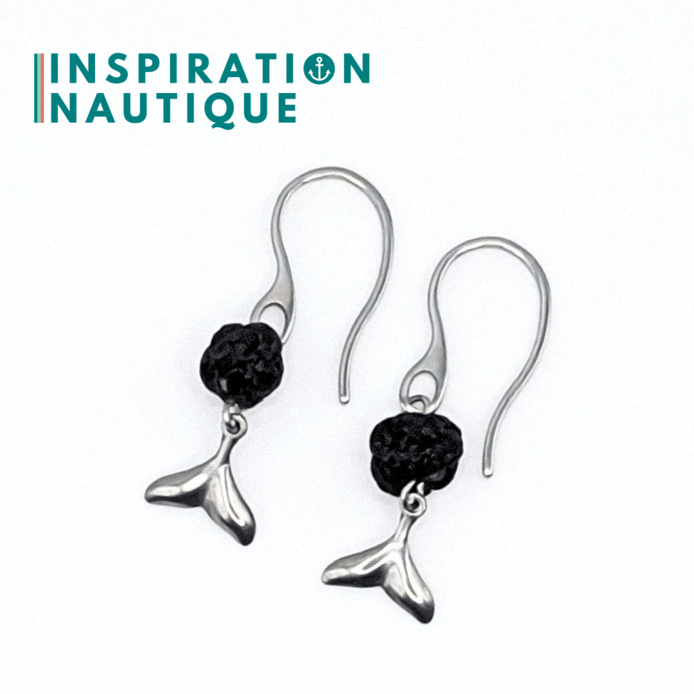Boucles d'oreilles avec bille en corde et queue de baleine en acier inoxydable, Noires
