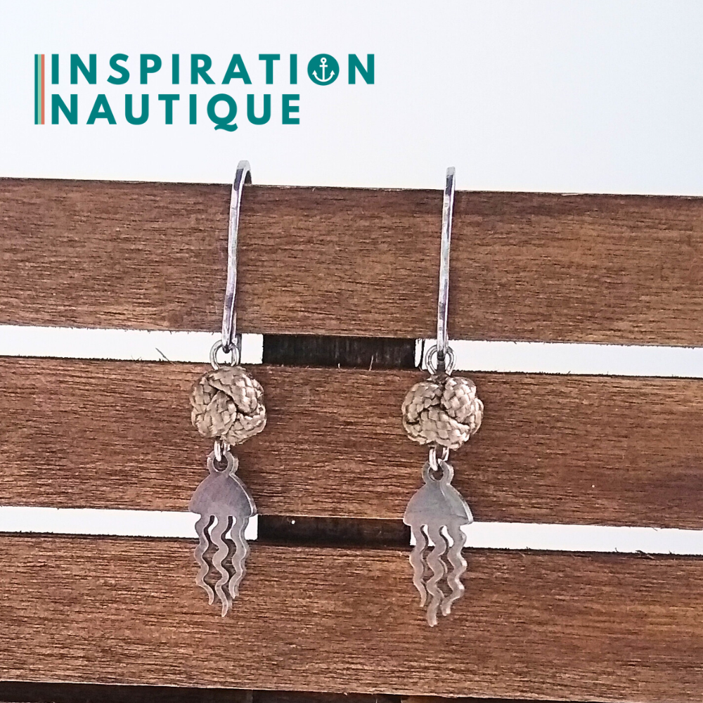 Boucles d'oreilles avec bille en corde et méduse en acier inoxydable, Sable