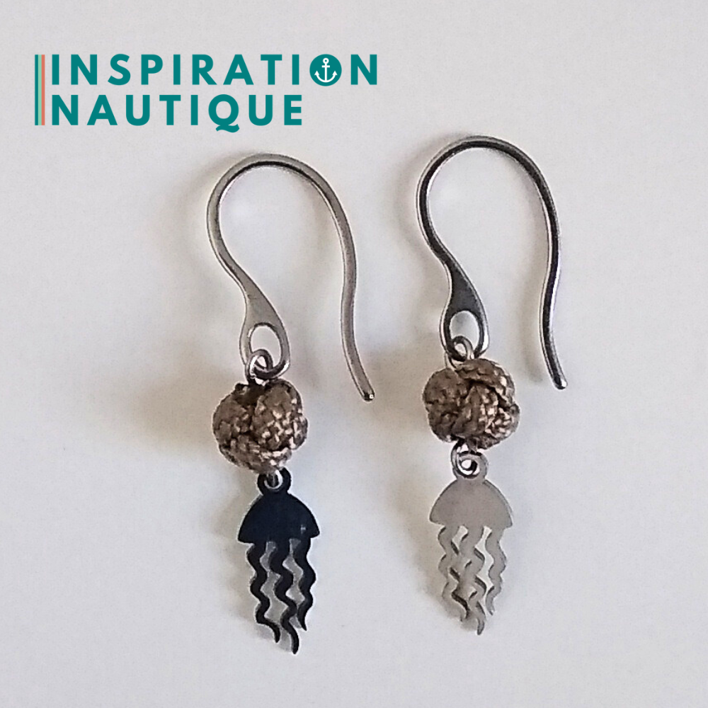 Boucles d'oreilles avec bille en corde et méduse en acier inoxydable, Sable