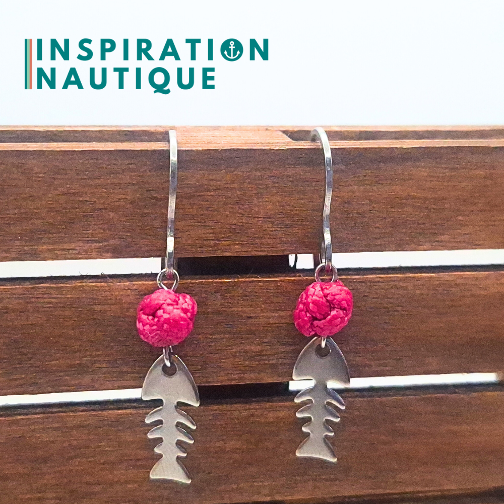 Boucles d'oreilles avec bille en corde et poisson en acier inoxydable, Fuchsia