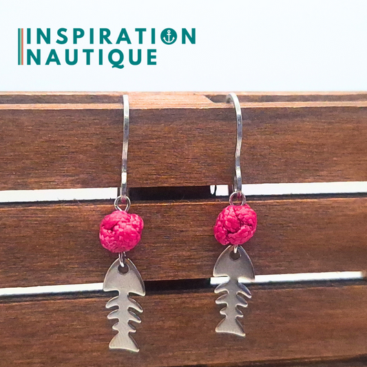 Boucles d'oreilles avec bille en corde et poisson en acier inoxydable, Fuchsia