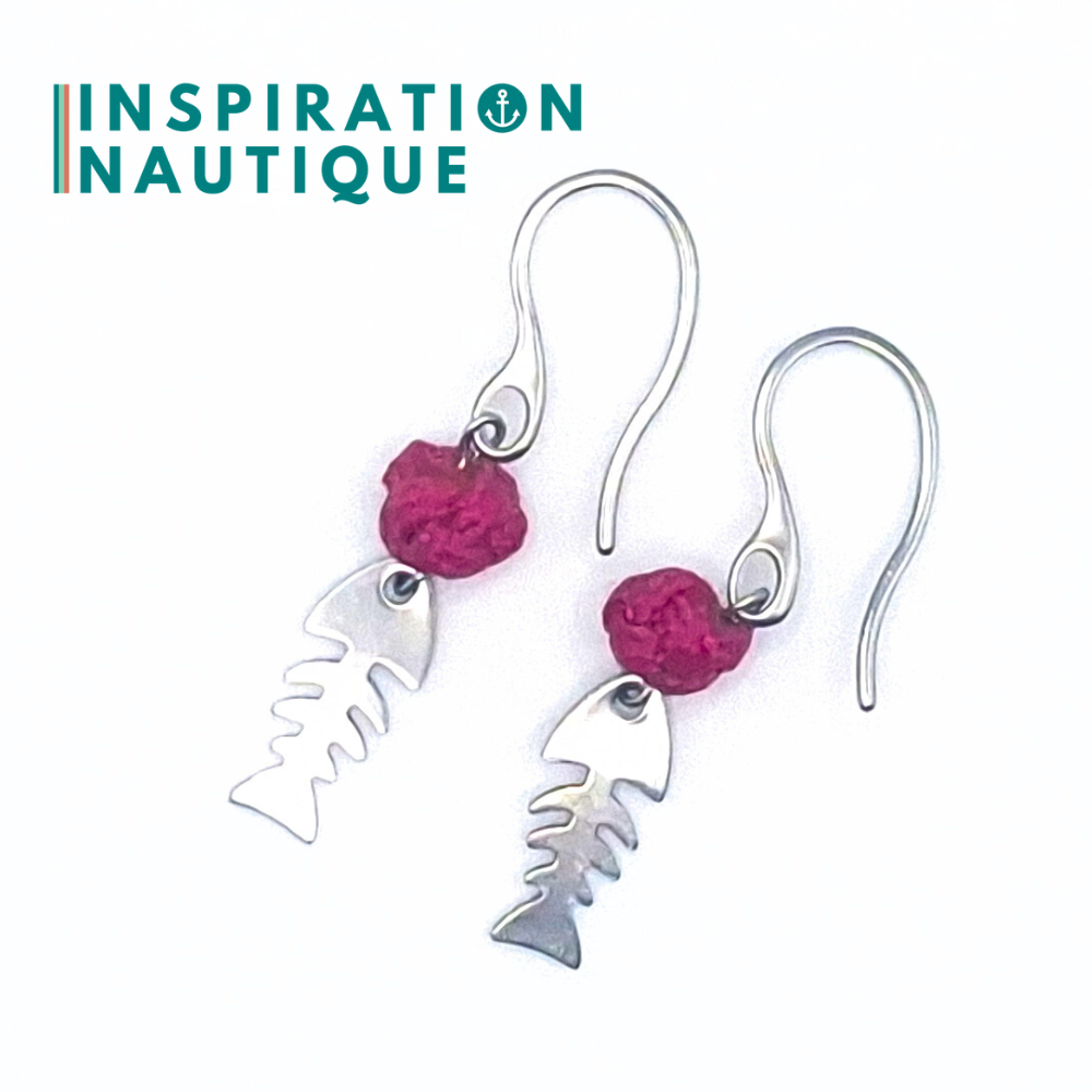 Boucles d'oreilles avec bille en corde et poisson en acier inoxydable, Fuchsia