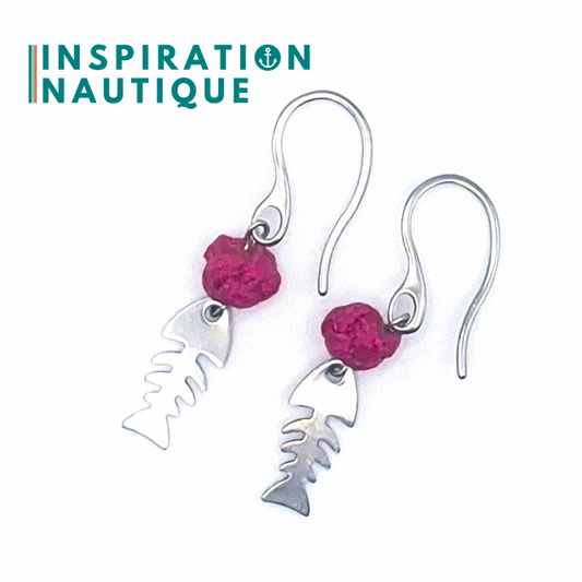Boucles d'oreilles avec bille en corde et poisson en acier inoxydable, Fuchsia