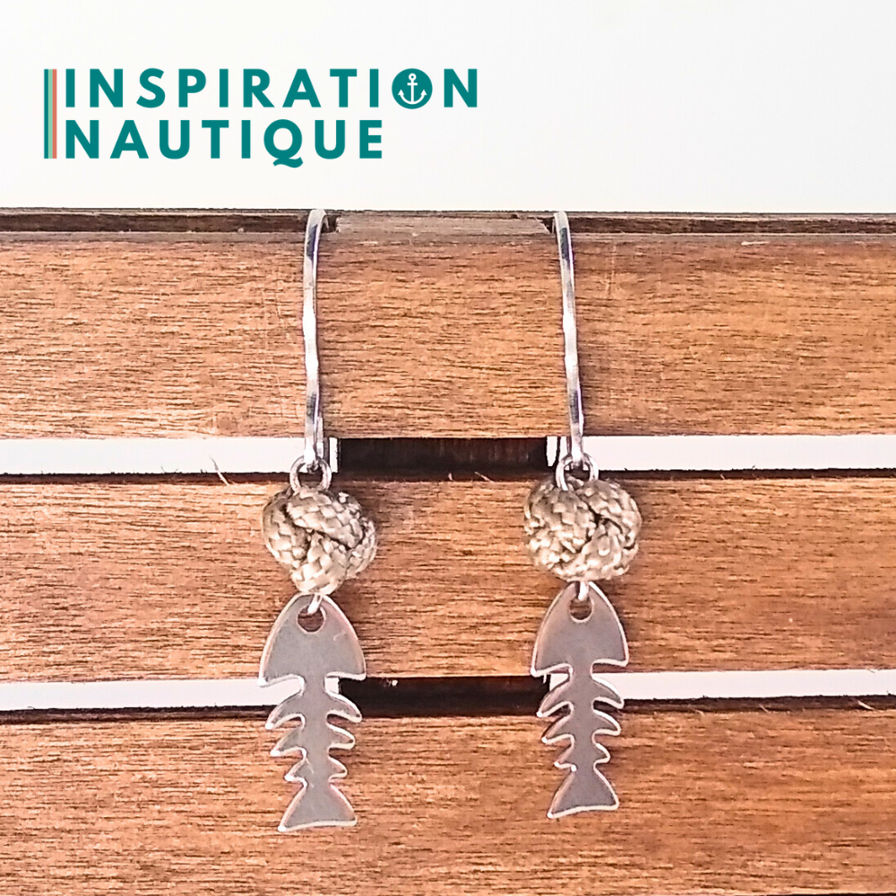 Boucles d'oreilles avec bille en corde et poisson en acier inoxydable, Sable