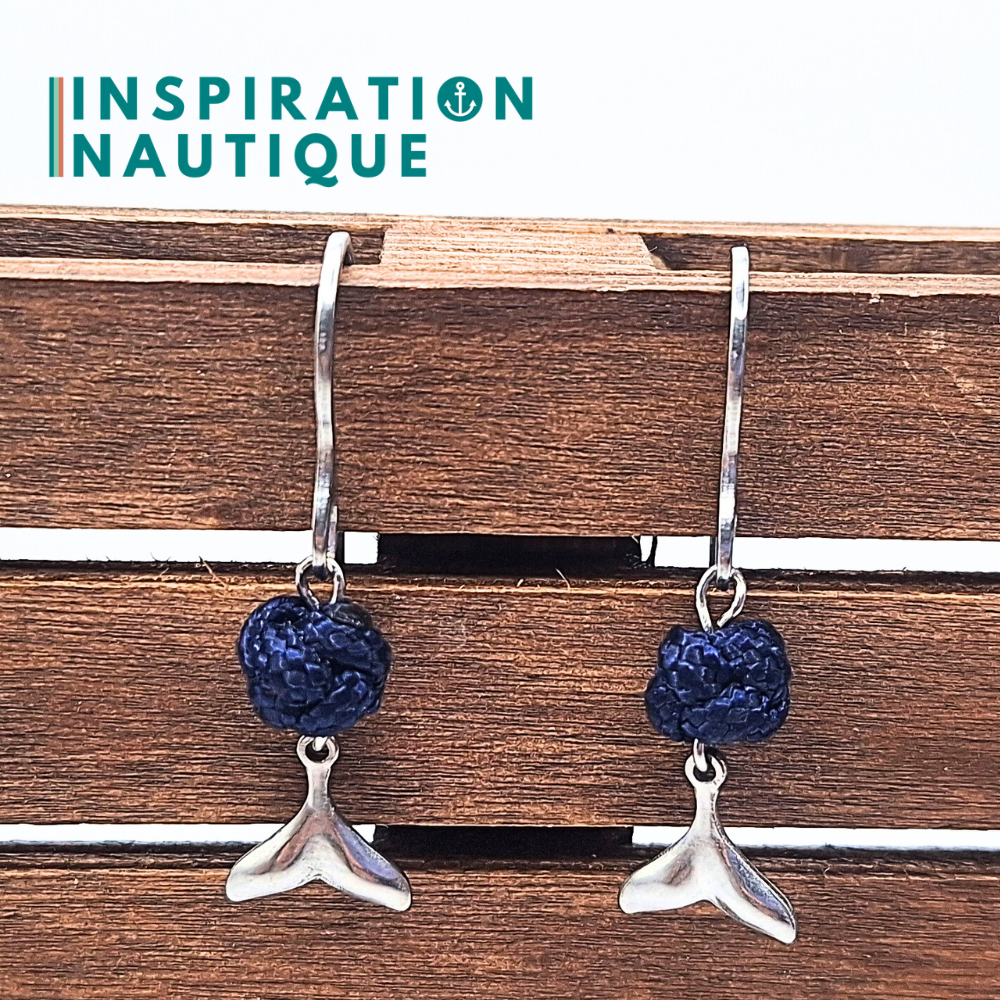 Boucles d'oreilles avec bille en corde et queue de baleine en acier inoxydable, Marines