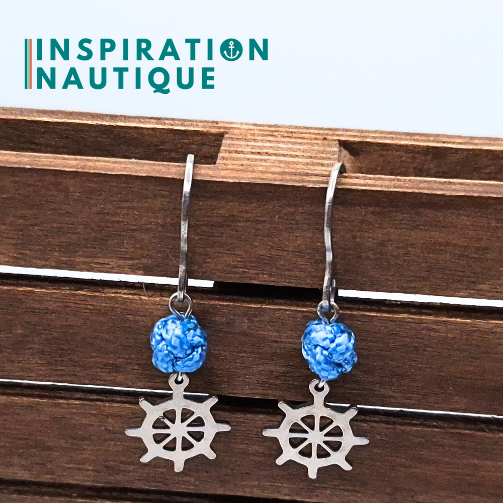 Boucles d'oreilles avec bille en corde et roue en acier inoxydable, Bleu pâle