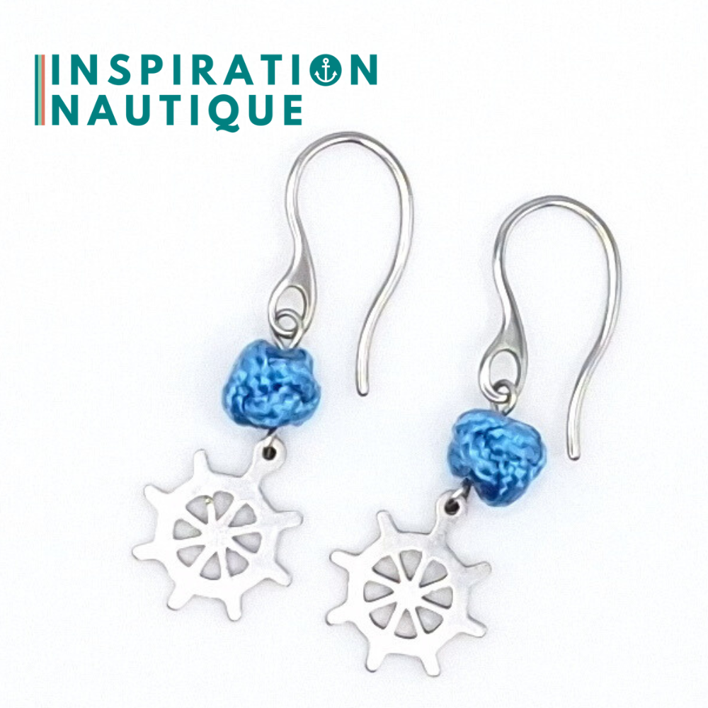 Boucles d'oreilles avec bille en corde et roue en acier inoxydable, Bleu pâle