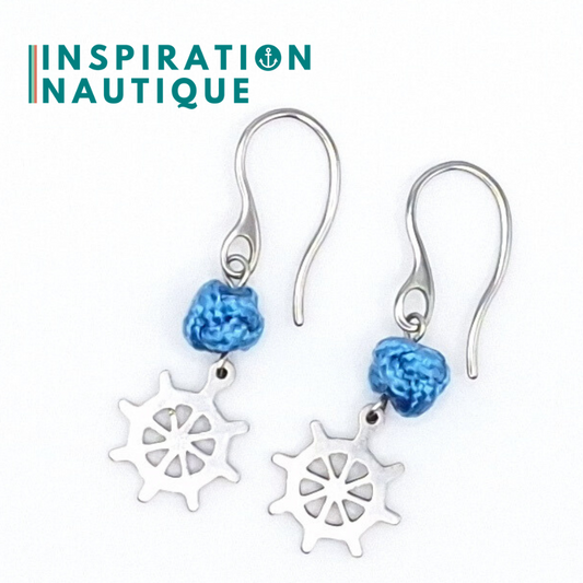 Boucles d'oreilles avec bille en corde et roue en acier inoxydable, Bleu pâle