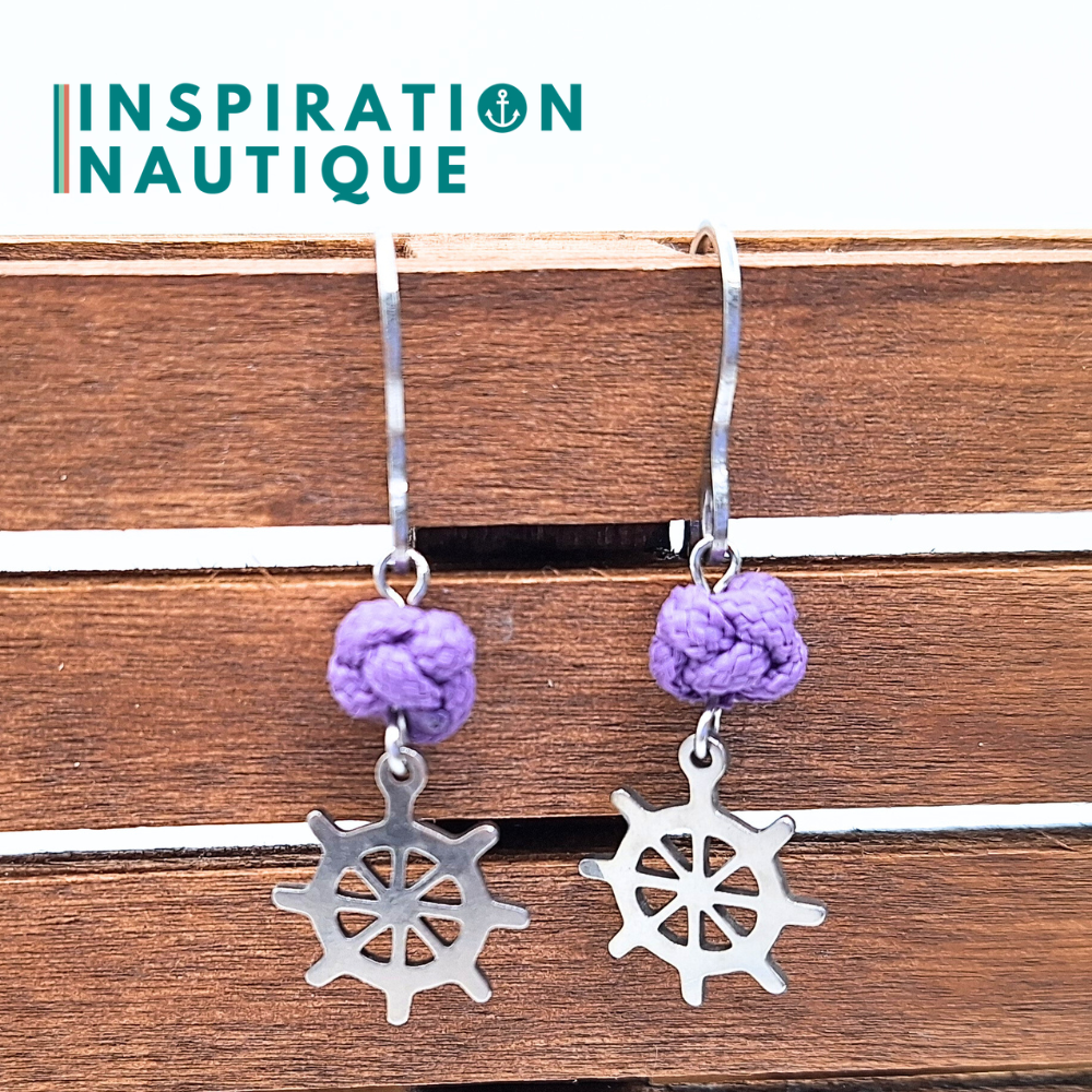 Boucles d'oreilles avec bille en corde et roue en acier inoxydable, Lilas