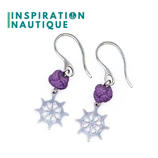 Boucles d'oreilles avec bille en corde et roue en acier inoxydable, Lilas