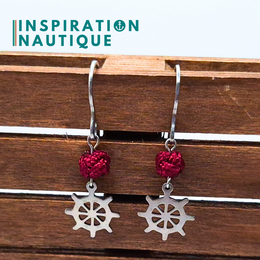 Boucles d'oreilles avec bille en corde et roue en acier inoxydable, Bourgogne
