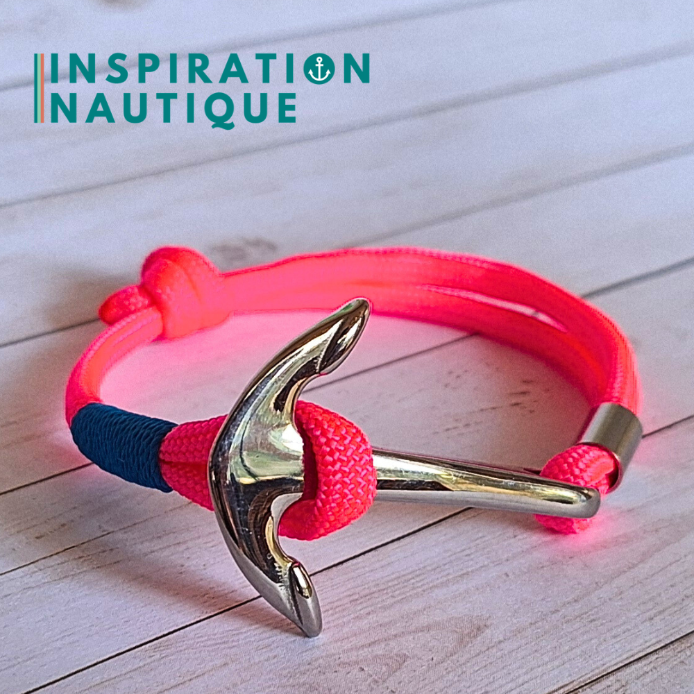 Bracelet marin avec ancre en paracorde 550 et acier inoxydable, ajustable, Rose fluo