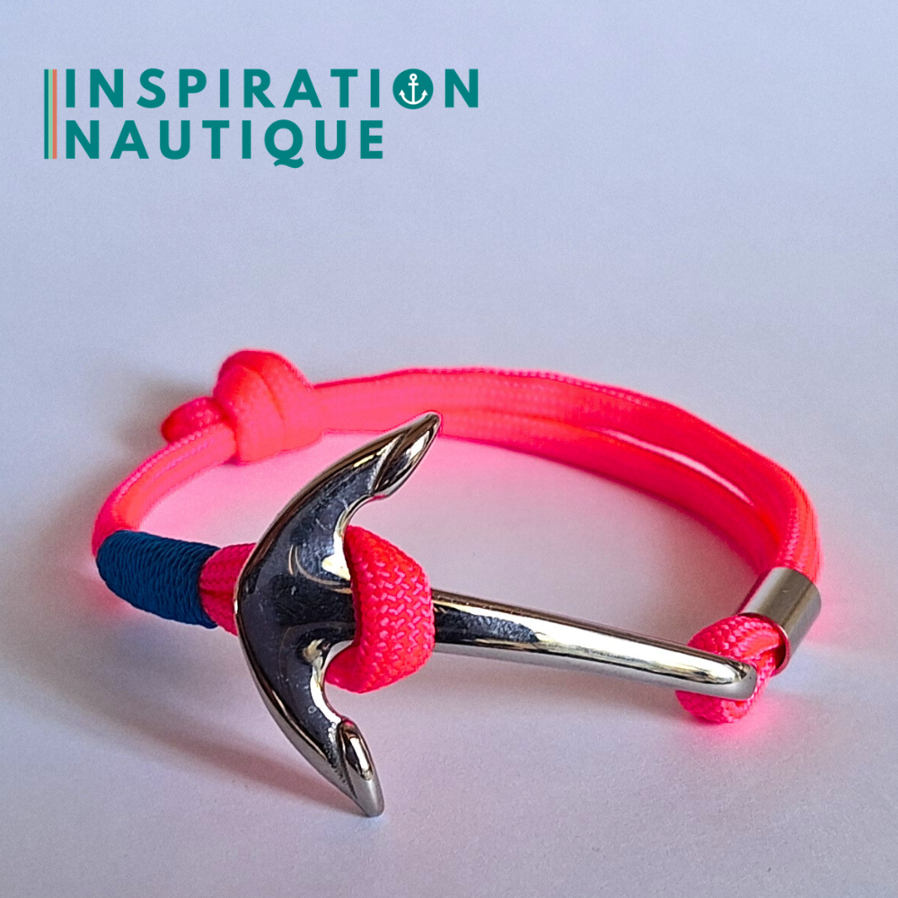 Bracelet marin avec ancre en paracorde 550 et acier inoxydable, ajustable, Rose fluo