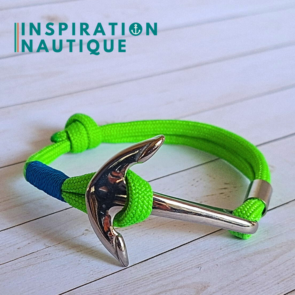 Bracelet marin avec ancre en paracorde 550 et acier inoxydable, ajustable, Vert fluo, Surliure bleue, Medium
