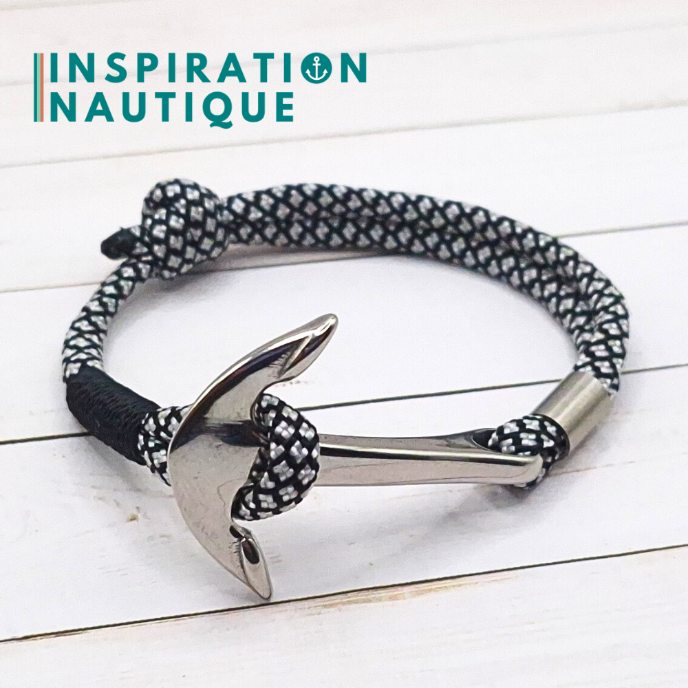 Bracelet marin avec ancre en paracorde 550 et acier inoxydable, ajustable, Noir et argenté diamants