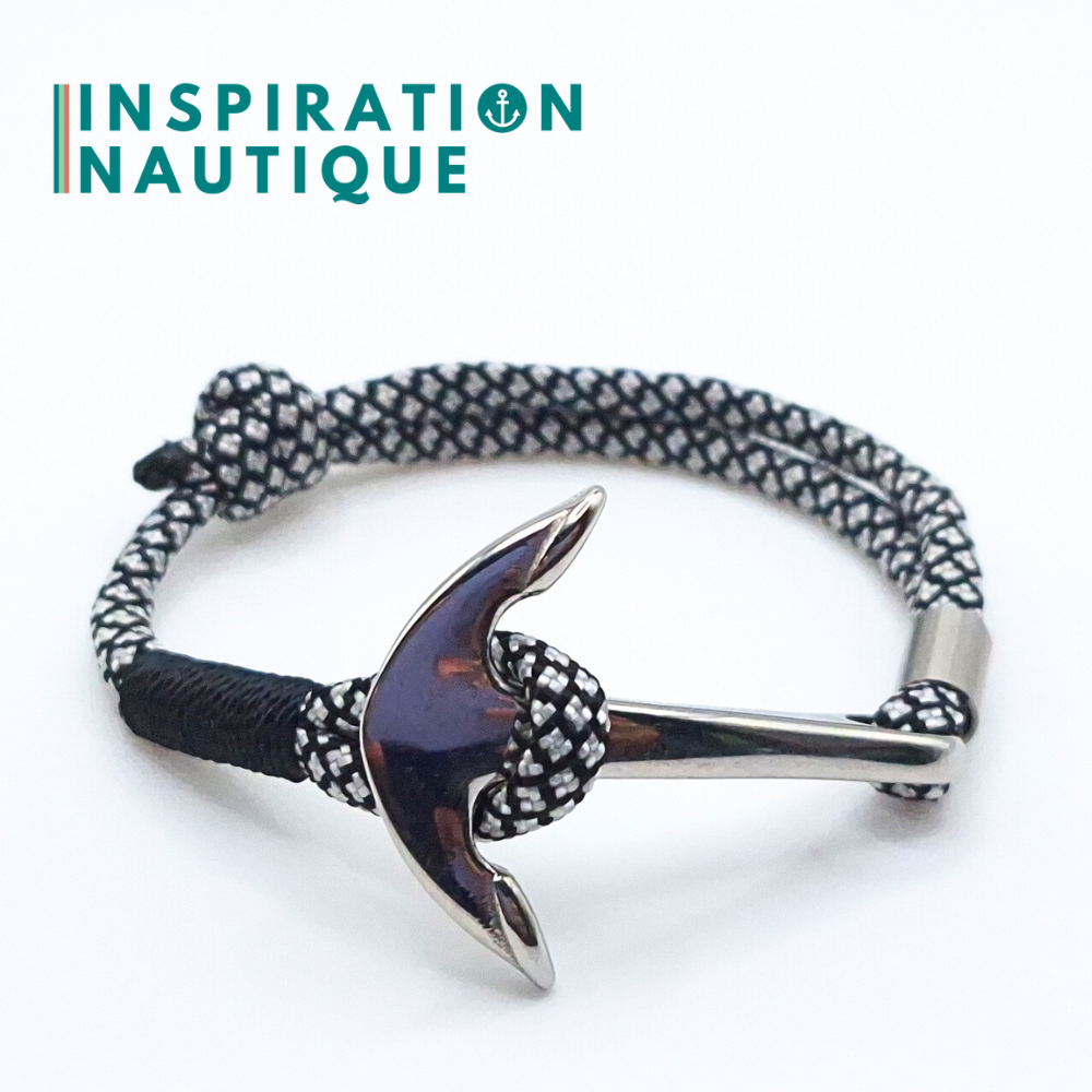 Bracelet marin avec ancre en paracorde 550 et acier inoxydable, ajustable, Noir et argenté diamants