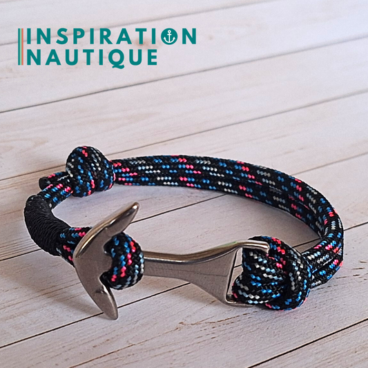 Bracelet marin avec ancre moyenne en paracorde 550 et acier inoxydable, ajustable, Borg, surliure Noire