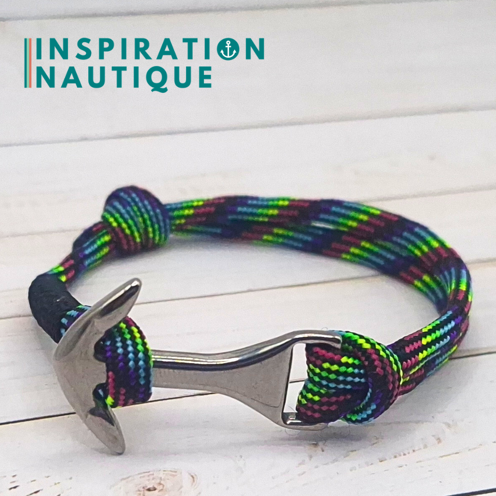 Bracelet marin avec ancre moyenne en paracorde 550 et acier inoxydable, ajustable, Noir et fluo ligné, surliure Noire, Medium