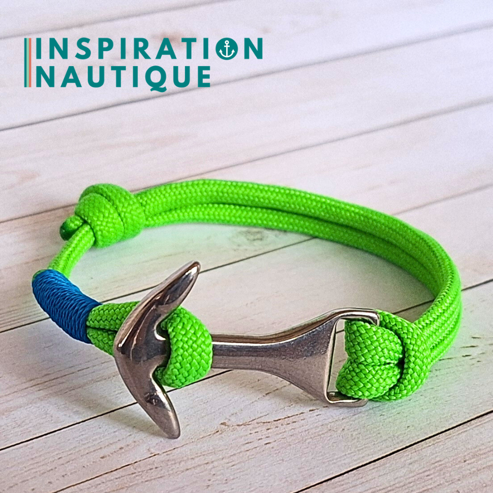 Bracelet marin avec ancre moyenne en paracorde 550 et acier inoxydable, ajustable, Vert fluo, surliure bleue, Medium