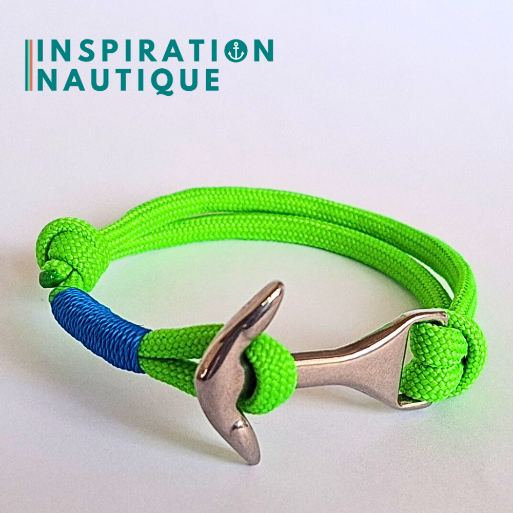 Bracelet marin avec ancre moyenne en paracorde 550 et acier inoxydable, ajustable, Vert fluo, surliure bleue, Medium