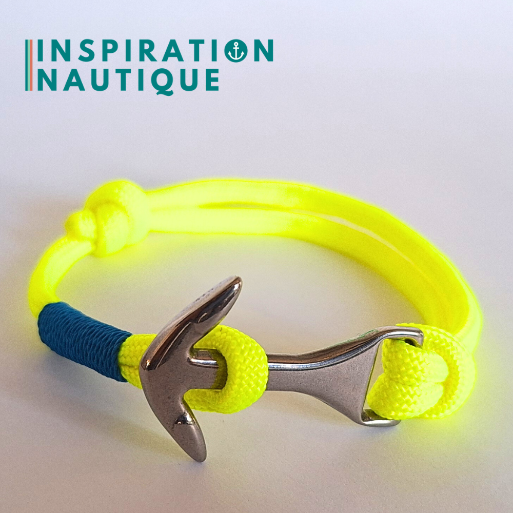 Bracelet marin avec ancre moyenne en paracorde 550 et acier inoxydable, ajustable, Jaune fluo