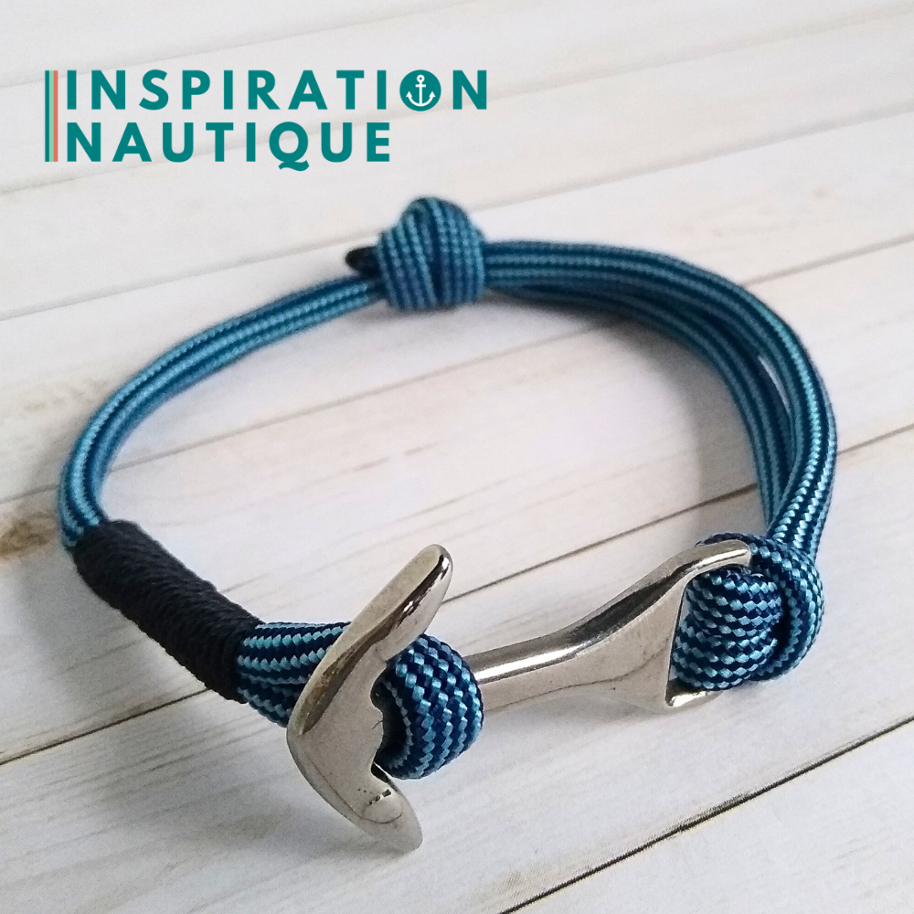 Bracelet marin avec ancre moyenne en paracorde 550 et acier inoxydable, ajustable, Bleu pâle et marine ligné, surliure marine, Medium