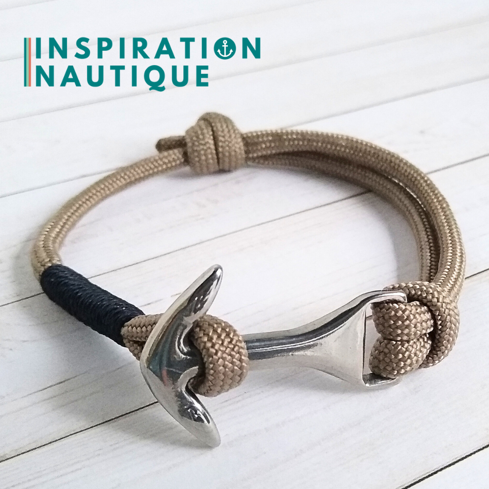 Bracelet marin avec ancre moyenne en paracorde 550 et acier inoxydable, ajustable, Sable, surliure marine, Medium