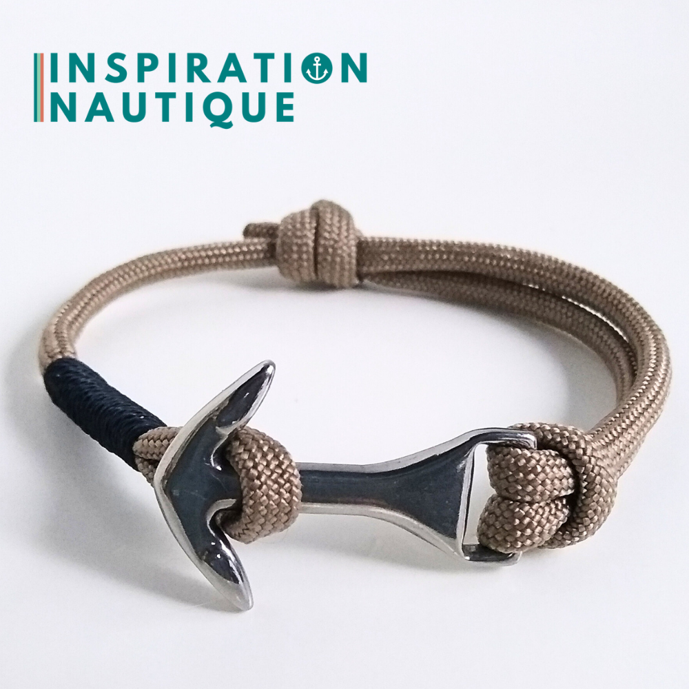 Bracelet marin avec ancre moyenne en paracorde 550 et acier inoxydable, ajustable, Sable, surliure marine, Medium