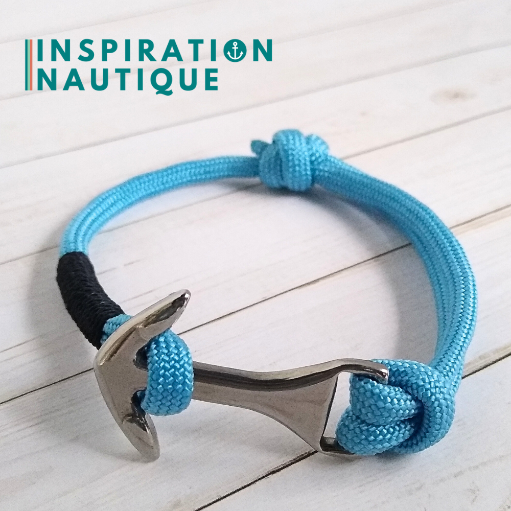 Bracelet marin avec ancre moyenne en paracorde 550 et acier inoxydable, ajustable, Bleu pâle, surliure marine, Medium