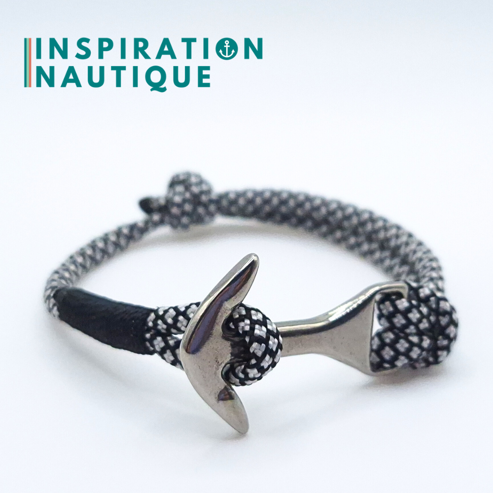 Bracelet marin avec ancre moyenne en paracorde 550 et acier inoxydable, ajustable, Noir et argenté diamants