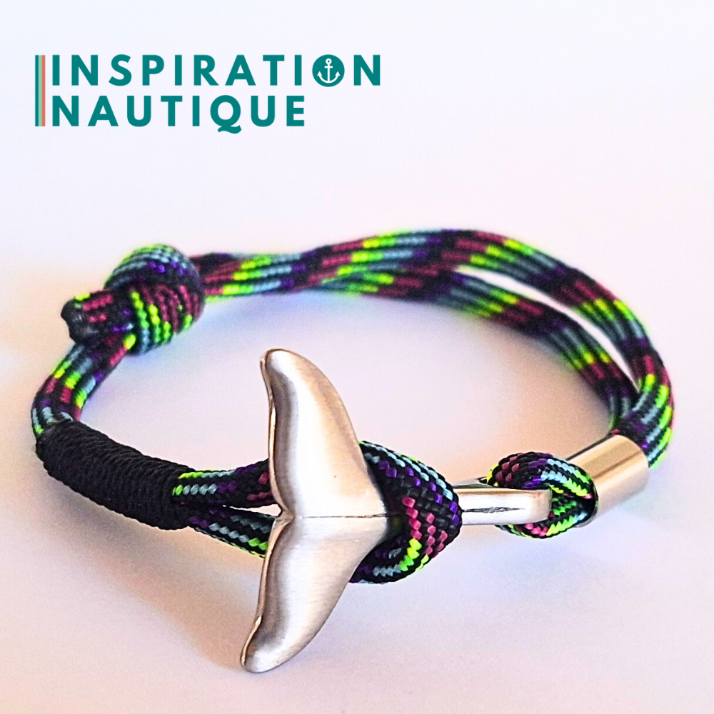 Bracelet marin avec queue de baleine en paracorde 550 et acier inoxydable, ajustable, Noir et fluo ligné