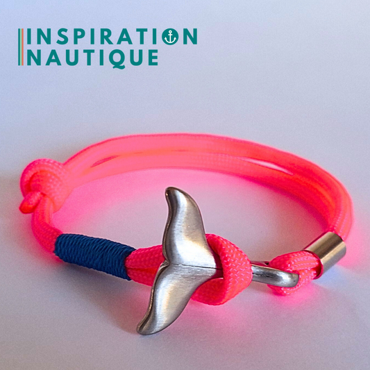 Bracelet marin avec queue de baleine en paracorde 550 et acier inoxydable, ajustable, Rose fluo, surliure bleue, Medium